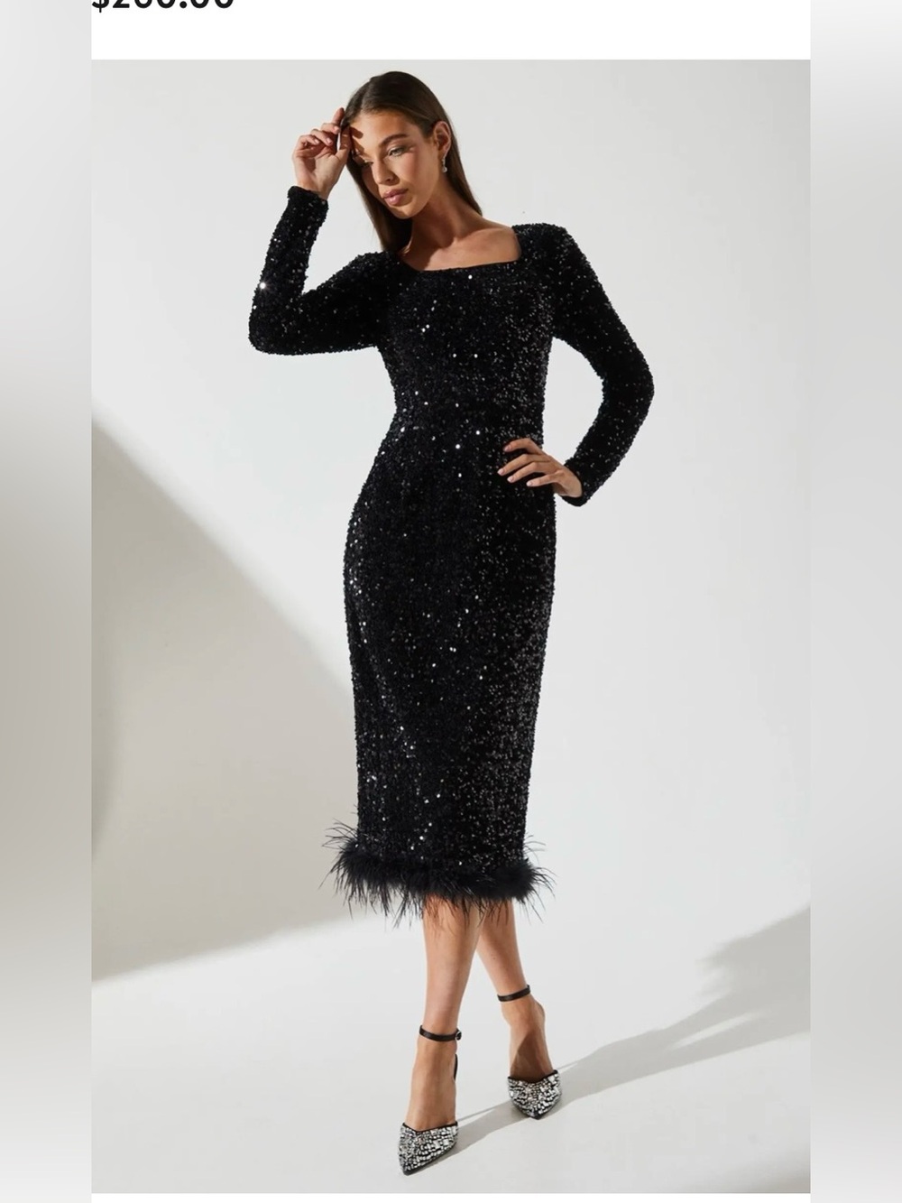 Coast NWT Size 10 ))) Sequin Feather Hem Party Midi Dress Sequin Feather-Hem Mid